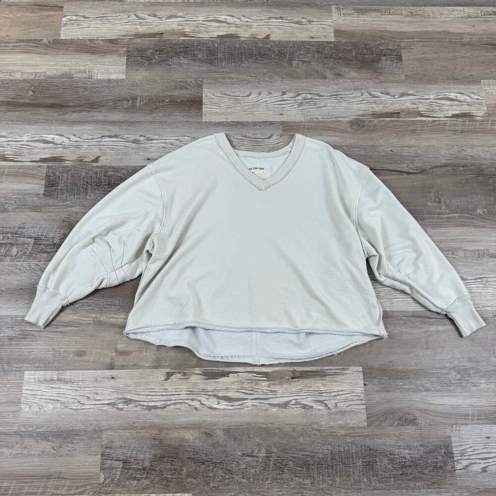 Free People We The Free Cream Oversized Raw Hem Sweatshirt Coastal Boho Small